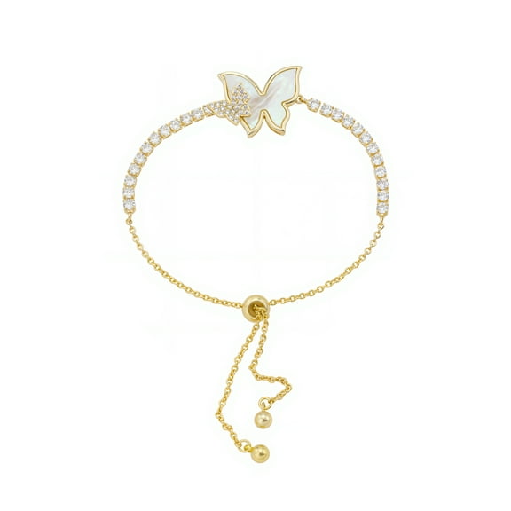 Believe by Brilliance Women's 14Kt Gold Flash Plated Cubic Zirconia and Mother of Pearl Butterfly Adjustable Bolo Bracelet