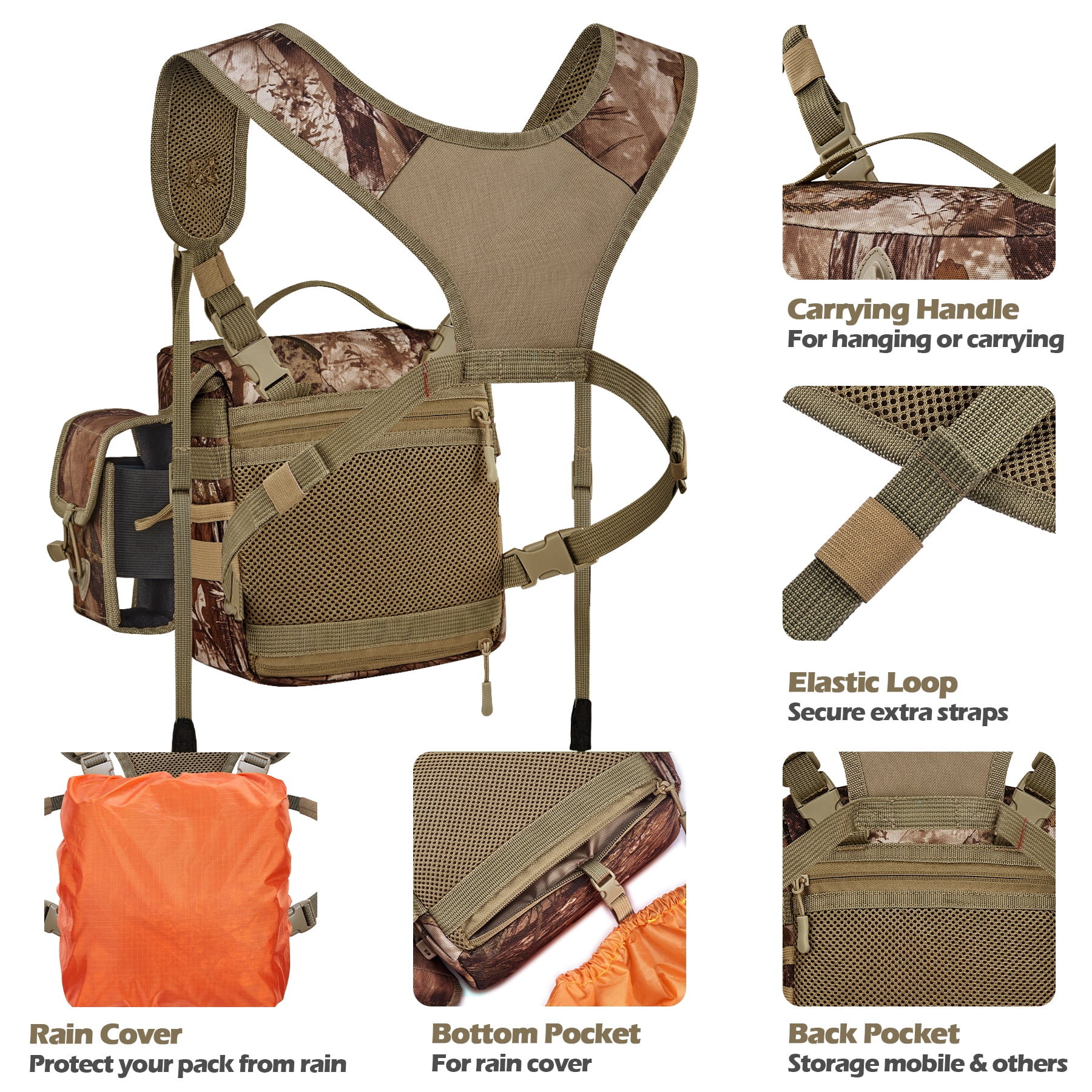 CamoRanger Ripstop Binocular Harness Chest Pack - Hunting Bino Case, Detachable Rangefinder Pouch, Adjustable Binos Harness, Rain Cove