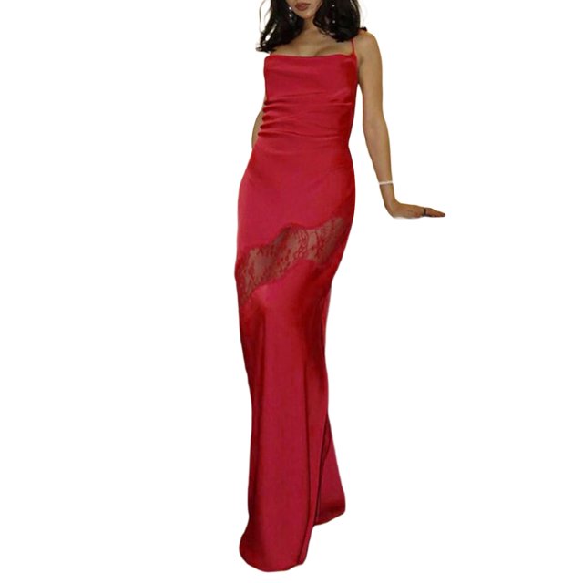 VISgogo Vestido largo para mujer, correa de espagueti, sin mangas, de encaje, transparente, color sólido, vestidos divididos VISgogo moda