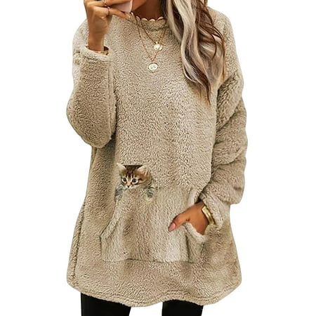 

Capreze Fleece Sweatshirts For Girl Womens Long Sleeve Crew Neck Casual Lounge Pajama Tops Brown 3XL