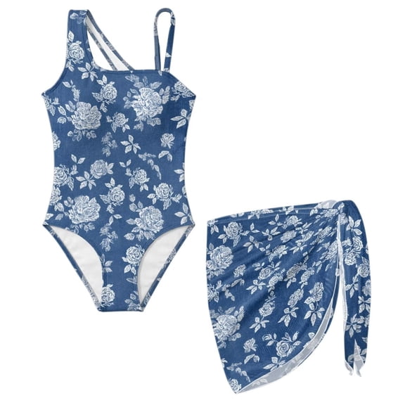 Xoenoiee Blue Rose Flower Print Girls Swimsuits Halter One Piece Bathing Suit with Cover Up Skirt Adjustable Strap Teen Girl Swimsuit Swimwear Set, Size 7-8 Years