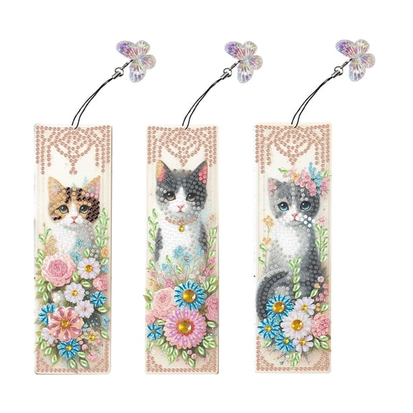 Ensemble de 3 Signets d'Art Diamant Chat Mignon, Kit de Peinture DIY Pendentif Papillon, Cadeau Parfait pour les Amateurs d'Arts et d'Artisanat & Rats de Bibliothèque