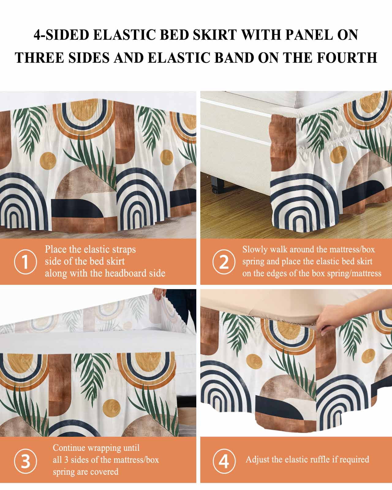 Abstract Boho Bed Skirt Cal King Size, Bohemian Palm Leaf Geometric Leaf Circle Wrap Around Bed Skirting with Adjustable Elastic Strap, Dust Ruffled Pleated Bedskirts 18 Inch Drop for Bedroom Beds