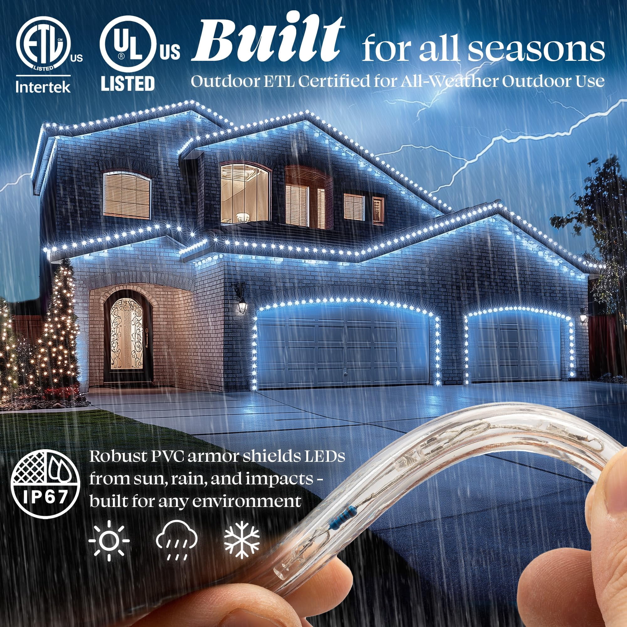 WYZworks 576LEDs, 50ft LED Rope Light, Connectable Waterproof Permanent Outdoor Clear PVC Tube, ETL Certified, Christmas Trees Holiday Decorative Landscape Backyard Patio Accent Lighting - Cool White
