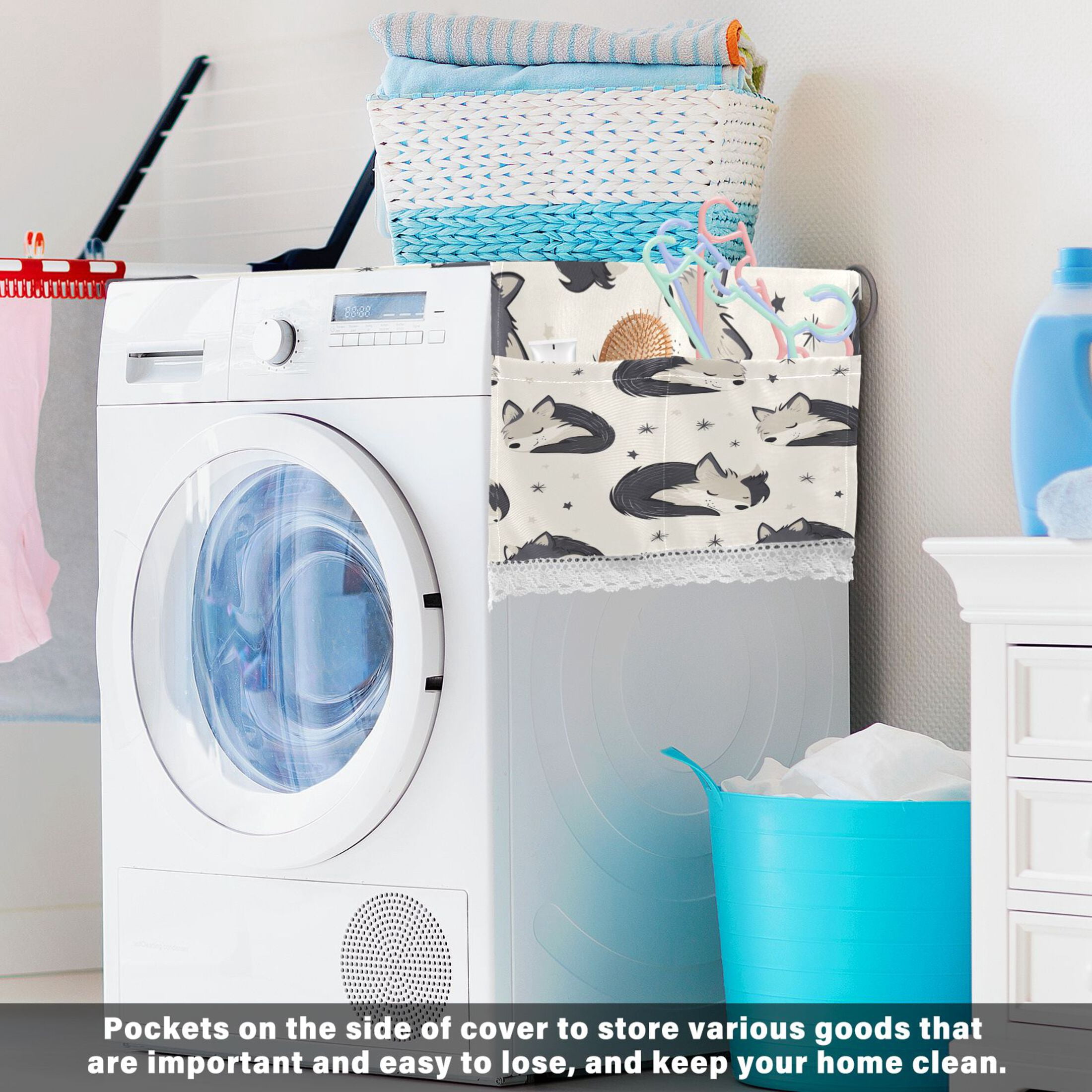 Cute Sleeping WolfWasher and Dryer Covers Dust-Proof and Oil Resistant Fridge Cover with 4 Storage Pockets Washing Machine Top Cover for Laundry Kitchen Home 51.2 x 22 In