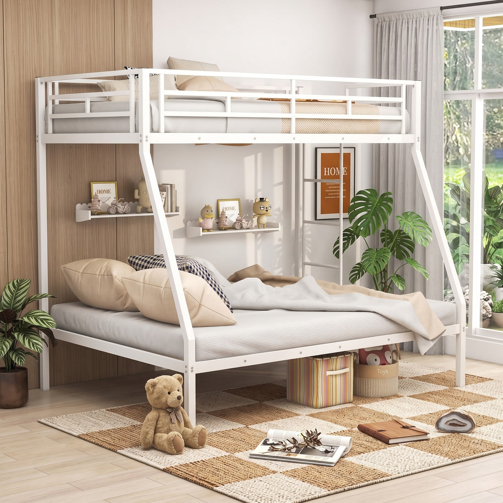 Furnibear Twin Over Full Metal Bunk Bed Frame with Ladder and Safety Guardrails for Kids Teens Dorm and Guest Bedroom , White