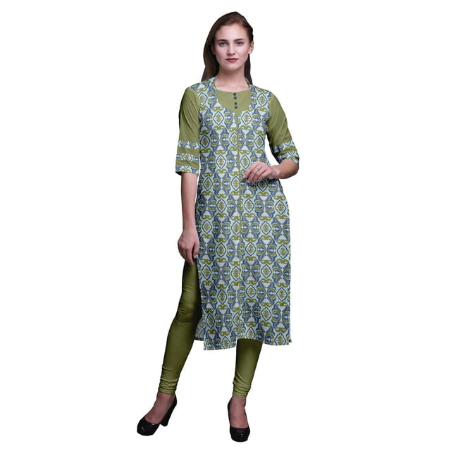 Bimba Rayon Slub Indian Printed Straight Kurta 3/4 Sleeve Tunic Dress For Women