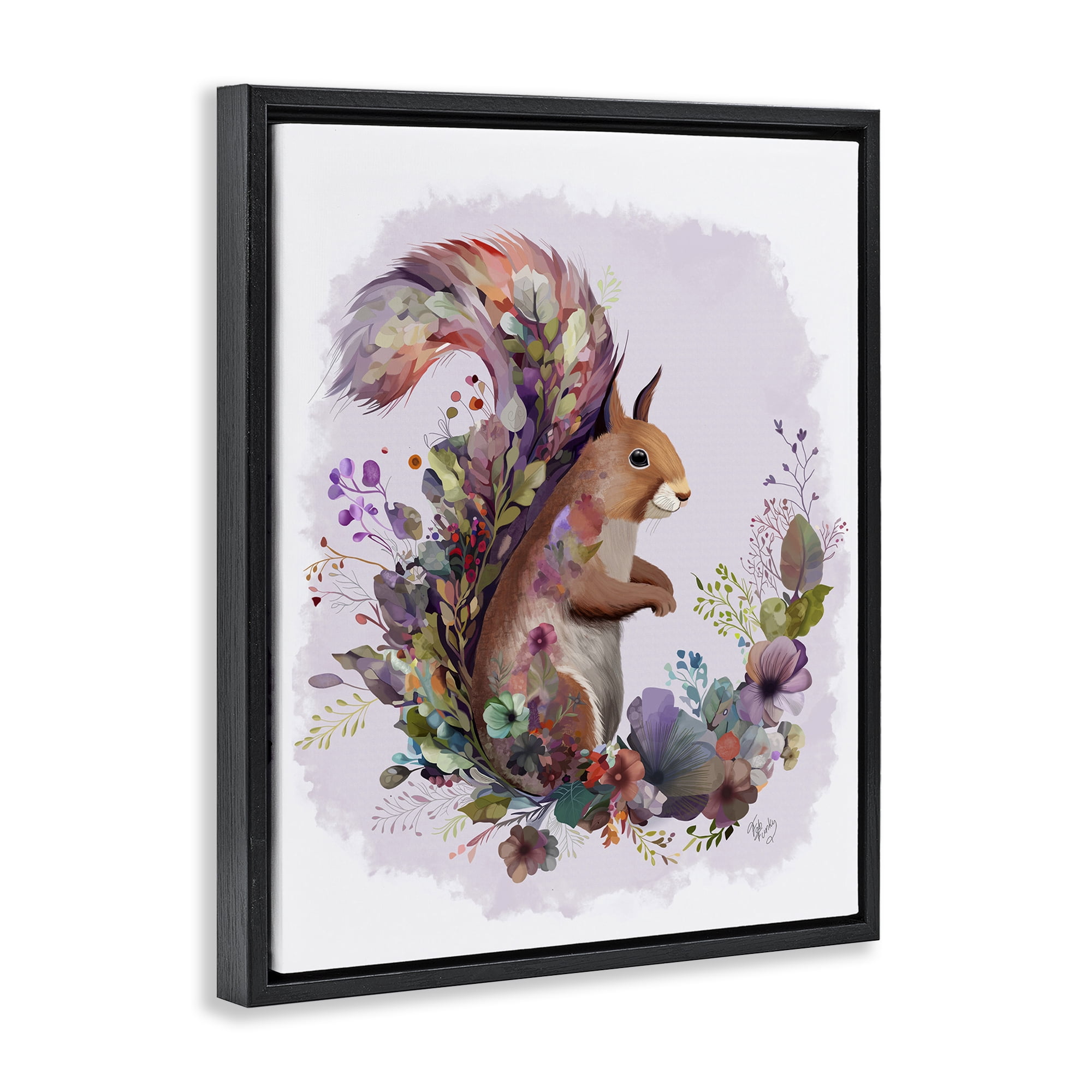 Stupell Industries Squirrel & Floral Garland Animals & Insects Painting Black Floater Framed Canvas Art Print Wall Art, 17 x 21