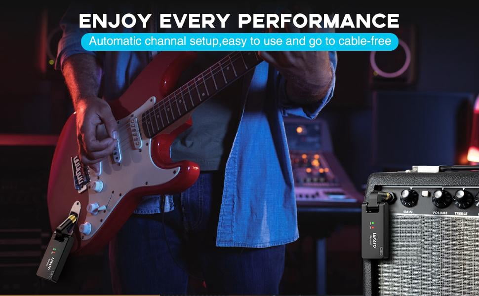 LEKATO WS-100 2.4GHz Wireless Guitar System W/ Charging Box, Rechargeable Wireless Guitar Transmitter Receiver, 4 Channels, 30m Range, 190° Rotatable Portable Electronic