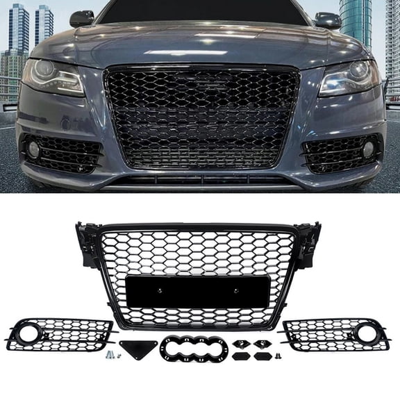 RS4 Look Front Bumper Grille with Fog Light Grill Covers For Audi A4 B8 S-Line S4 2009-2012