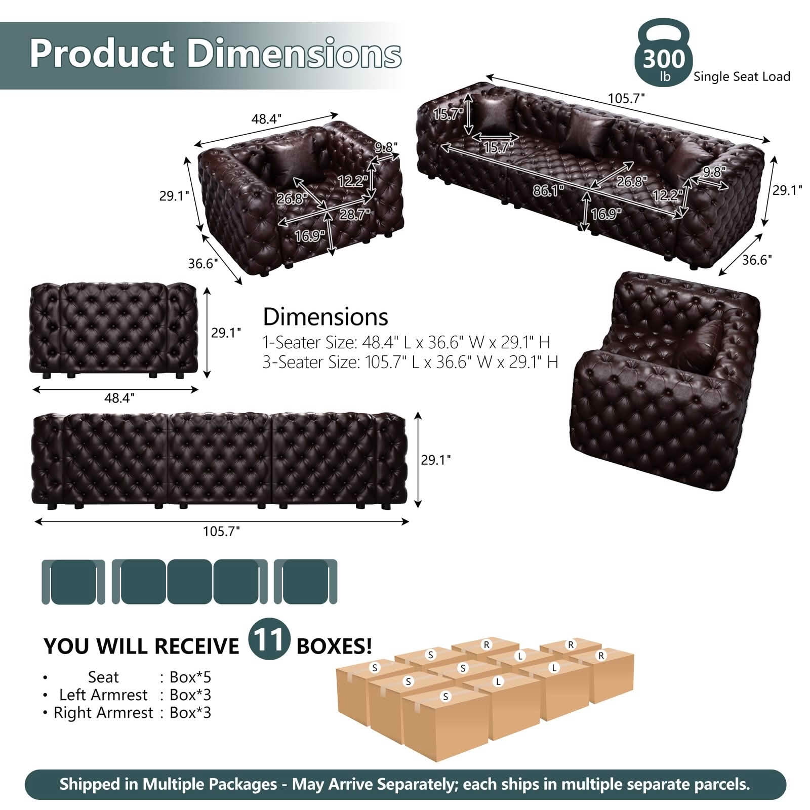 MAYEERTY 5‑Seat Faux‑Leather Modular Sofa, Handcrafted Button Tufted Couch with 5 Pillows for Living Room & Small Apartment