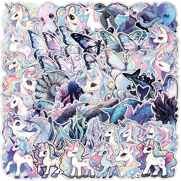 Paquete de pegatinas de vinilo estético holográfico con forma de unicornio, 50 unidades
