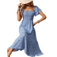 thumbnail image 4 of Women'S Summer Boho Floral Midi Dress Casual Short Sleeve Square Neck Flowy Beach Vacation Long Dress Blue XL, 4 of 10