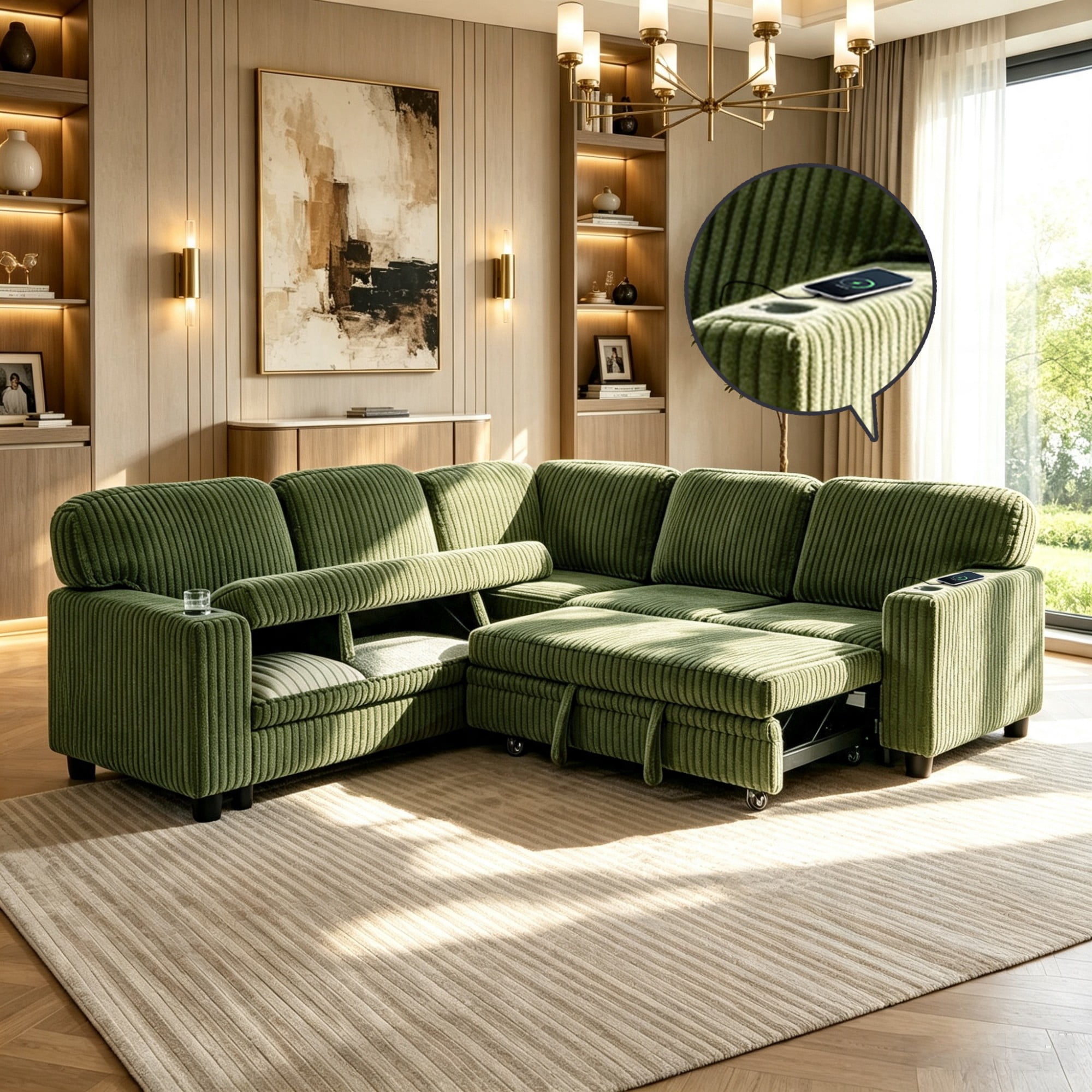 Gewnee L-Shaped Sectional Sofa,Modern Corduroy Modular Sofa with Storage Function,USB‑C Charging Ports & Cup Holders,Pull Out Couch for Living Room,Olive Green