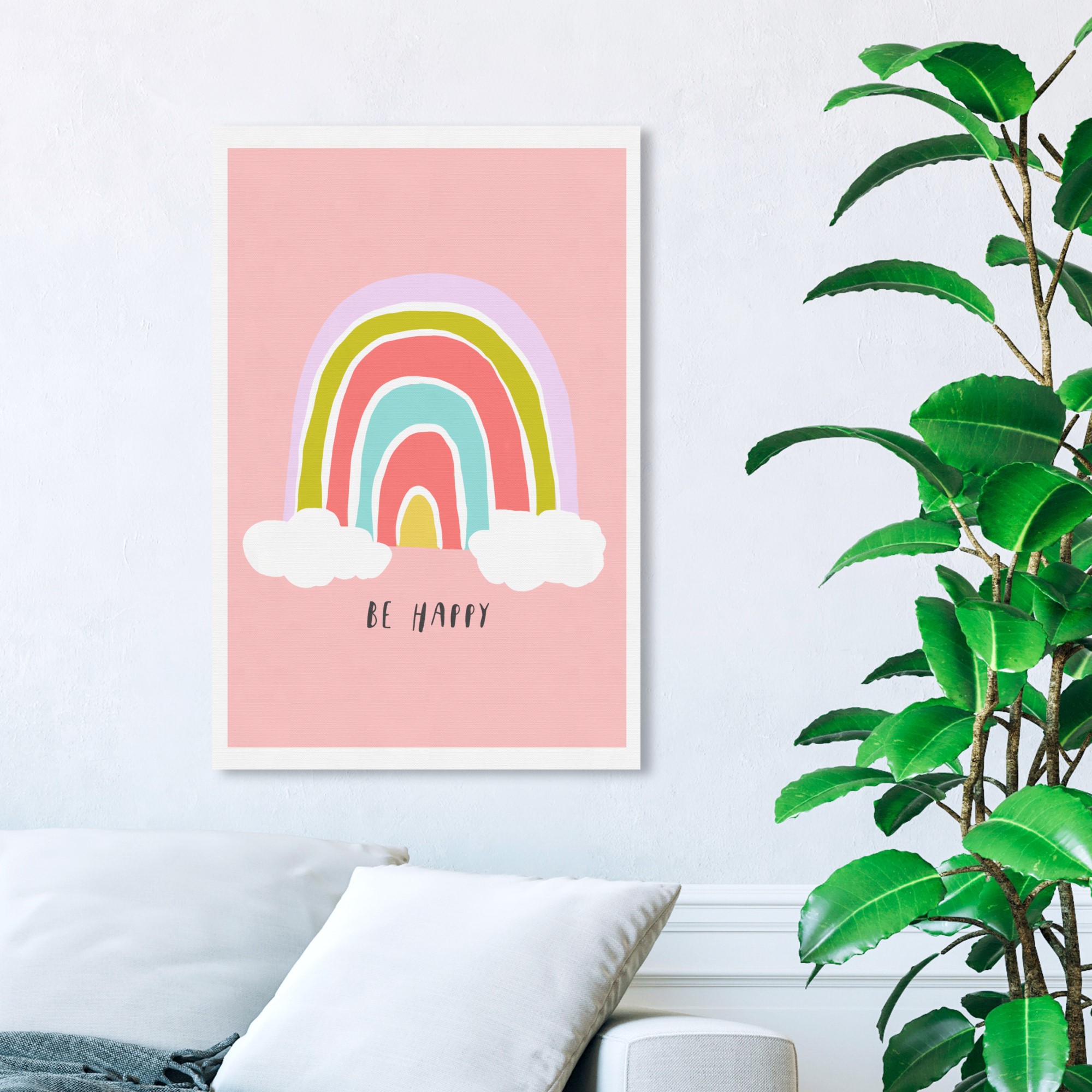 Wynwood Studio 'Be Happy Rainbow' Typography and Quotes Wall Art Canvas Print - Pink, Purple, 24" x 36"