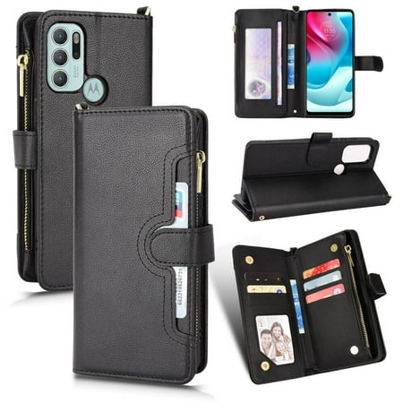 Case for Motorola Moto G60S Cover Zipper Magnetic Wallet Card Holder PU Leather Flip Case - Black