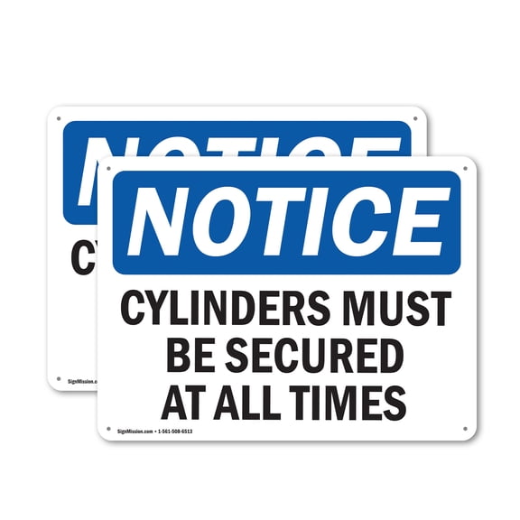 (2 Pack) Cylinders Must Be Secured At All Times OSHA Notice Sign 10 Inch X 7 Inch Indoor / Outdoor Rust-Free Aluminum Metal Signs for Workplace, Workshop, and Construction Site, Made in