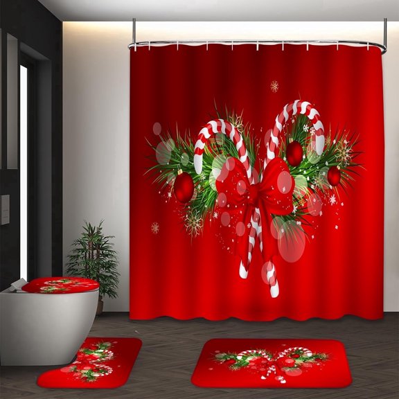 LVRLVR Christmas Print Shower Curtain, Toilet Cover & Mat, 70.8 x 70.8in, 4 Count