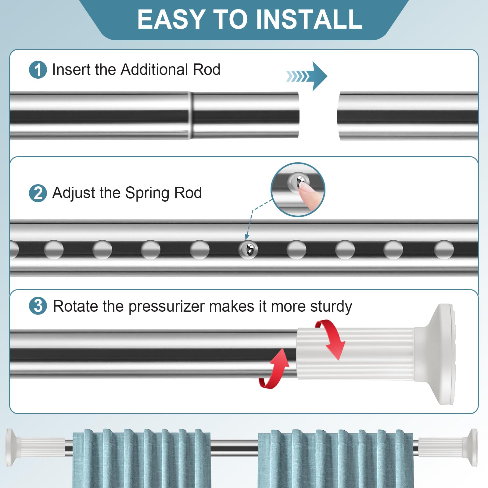 Shower Curtain Rod 51-168 In Long Outdoor Tension Curtain Rod for Patio, Adjustable Curtain Rod No Drilling, Spring Tension Rod for Bathroom Window Easy to Install No Rust, Stainless Steel, White