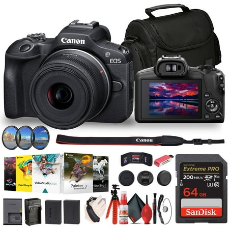Canon EOS R100 Mirrorless Camera with 18-45mm Lens (6052C012) + Filter Kit + Corel Photo Software + Bag + 64GB Card + LPE17 Battery + Charger + Card Reader + Flex Tripod + Cleaning Kit + More