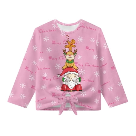 Xoenoiee Santa Claus Deer Cookies Candy Snowflake Print Girl s Round Neck Shirts Christmas Front Tie Blouse Long Sleeve Pullover Tops Xmas Graphic Sweatshirt Clothes 11-12 Years