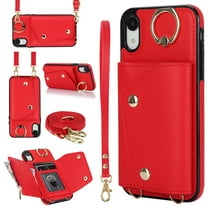 ShellTech for iPhone XR Case with Card Holder and Strap - Zipper Pocket,Crossbody Lanyard Strap,Credit Card Holder,Stand Ring,Cute Phone Wallet Case for Women,Red