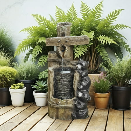 Outsunny 22.8" Outdoor Water Fountain, 3-Tier Floor Standing Resin Bears on Log Waterfall Fountain with LED Lights, Pump