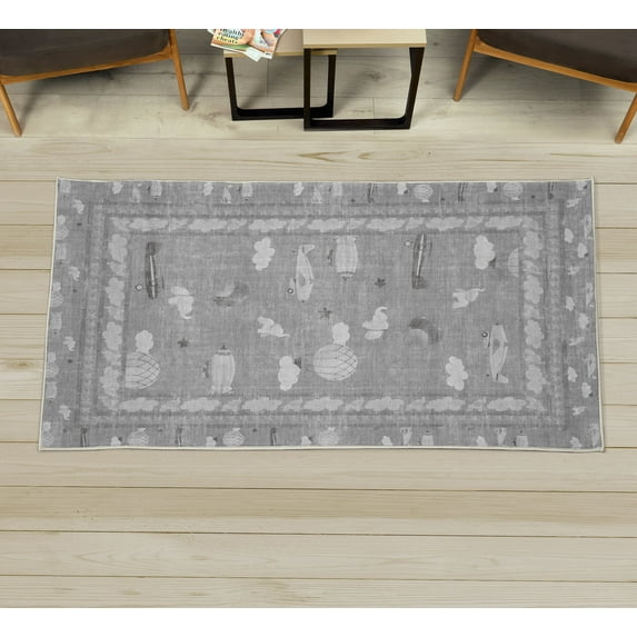 Cartoon Decorative Rug, Vintage Air Planes Hot Air Balloons Flying Happy Animal Clouds and Stars, Quality Carpet for Bedroom Dorm and Living Room, 6 Sizes, Pale Grey, by Ambesonne