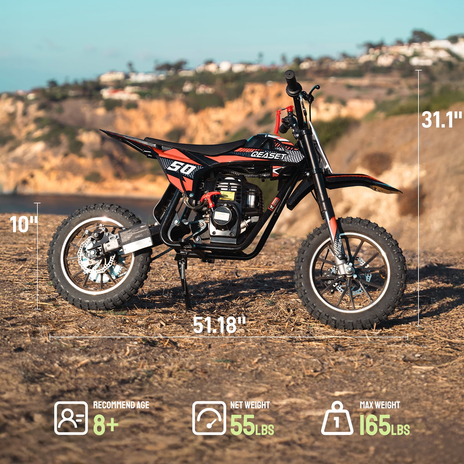 Gas Dirt Bike,50cc 4-Stroke Gas Powered Mini Bike for Adults & Teens,with Disc Brakes&Suspensions,Up to 25 Mph