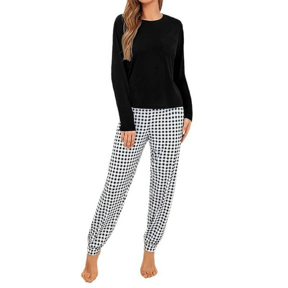 WMTBSRSW Womens Pajamas Sets Long Sleeve Tops and Plaid Jogger Pants Soft Pjs Lounge Set Outfits Comfy Sleep Pjs Sets Black