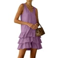 thumbnail image 6 of Women's Summer Dresses V Neck Sleeveless Linen Mini Dress with Tiered Ruffle Hem Going Out Party Outwear Dress Purple S, 6 of 7