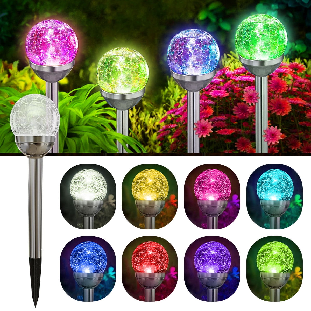 4 Pack Solar Lights Outdoor, Cracked Glass Ball Solar Garden Lights, Decorative LED Landscape Light for Patio Pathway Decor, Multicolor