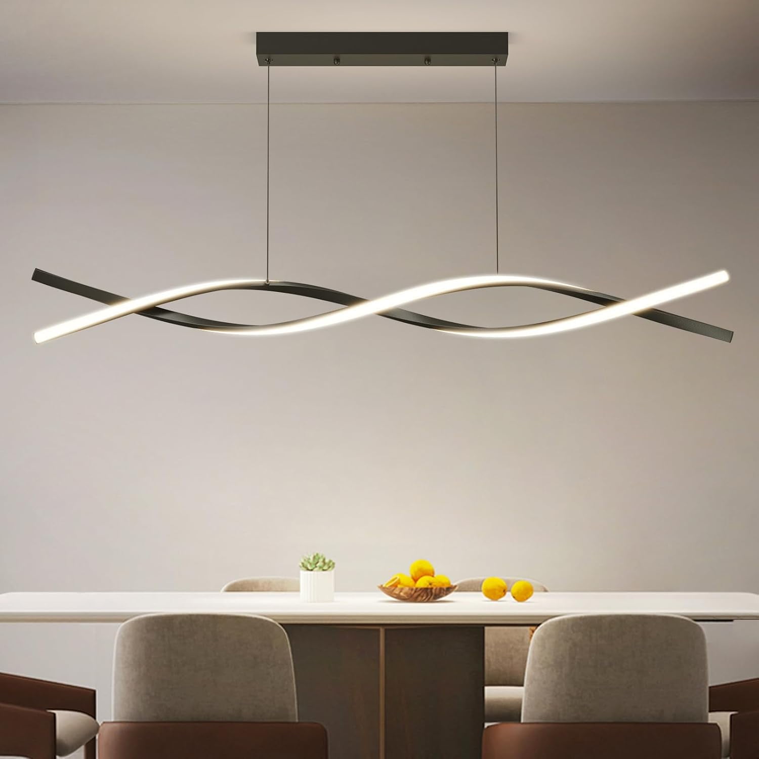 39inch Black Chandelier Modern Ceiling Wave Pendant Light Fixtures Hanging LED Color Temperature and Height Adjustable Chandeliers