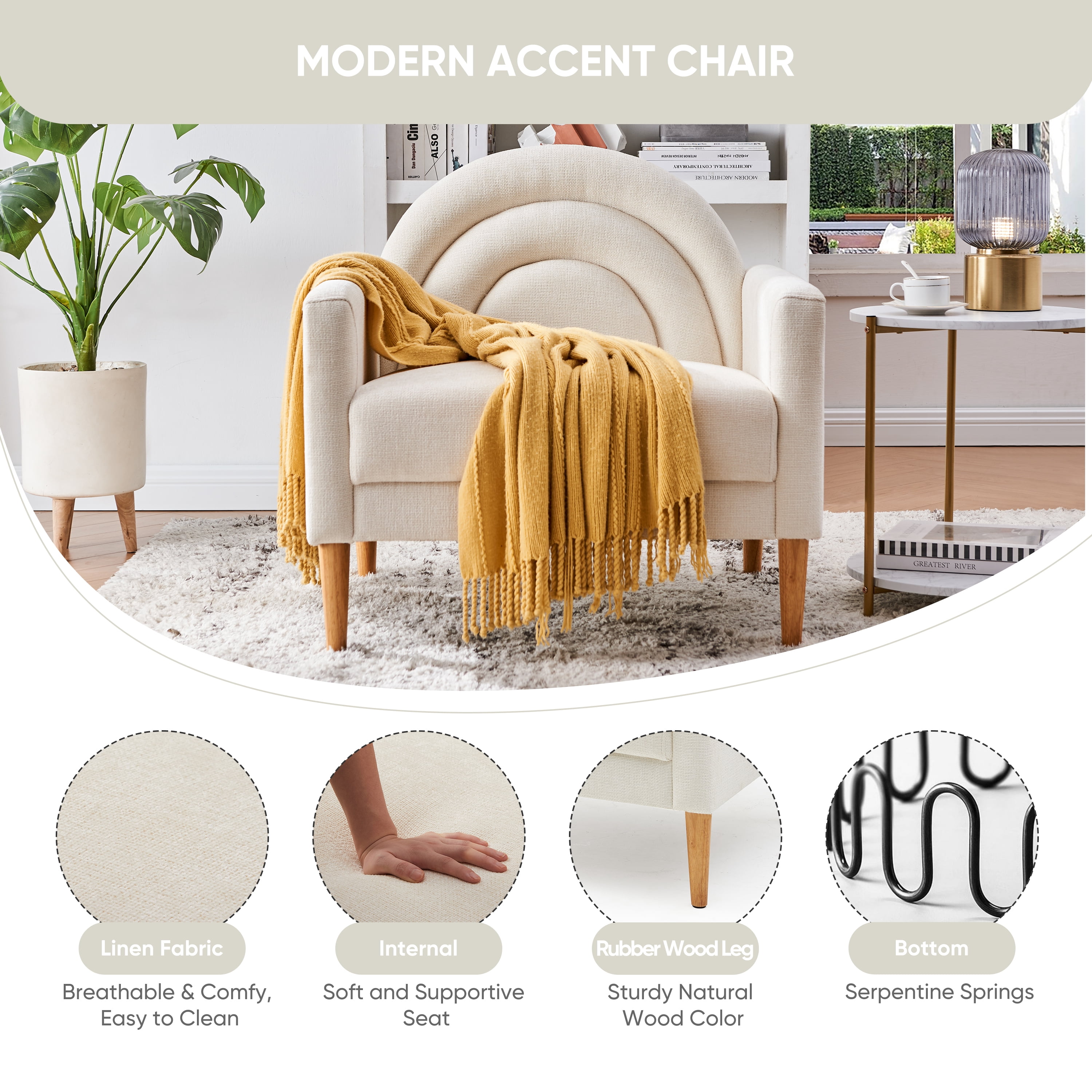 Upholstered  Armchair Ergonomically designed Modern Accent Fabric Chair Single Sofa Comfy Upholstered Arm Chair Living Room Furniture Mustard Cream