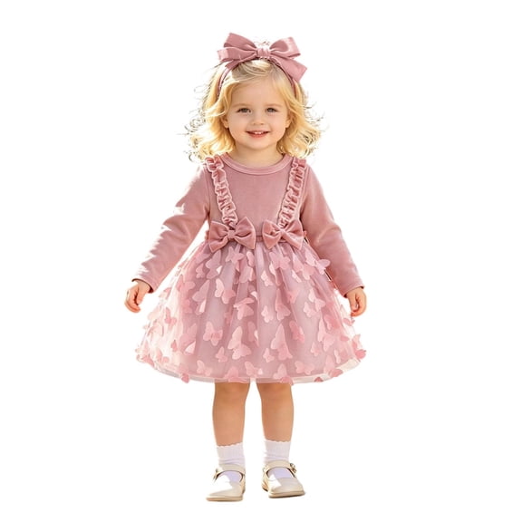 Toddler Girls Dress Solid Color Ruffles Bowknot 3D Butterfly Long Sleeve Headbands Set Summer Dresses Girls Size 12-18 Months