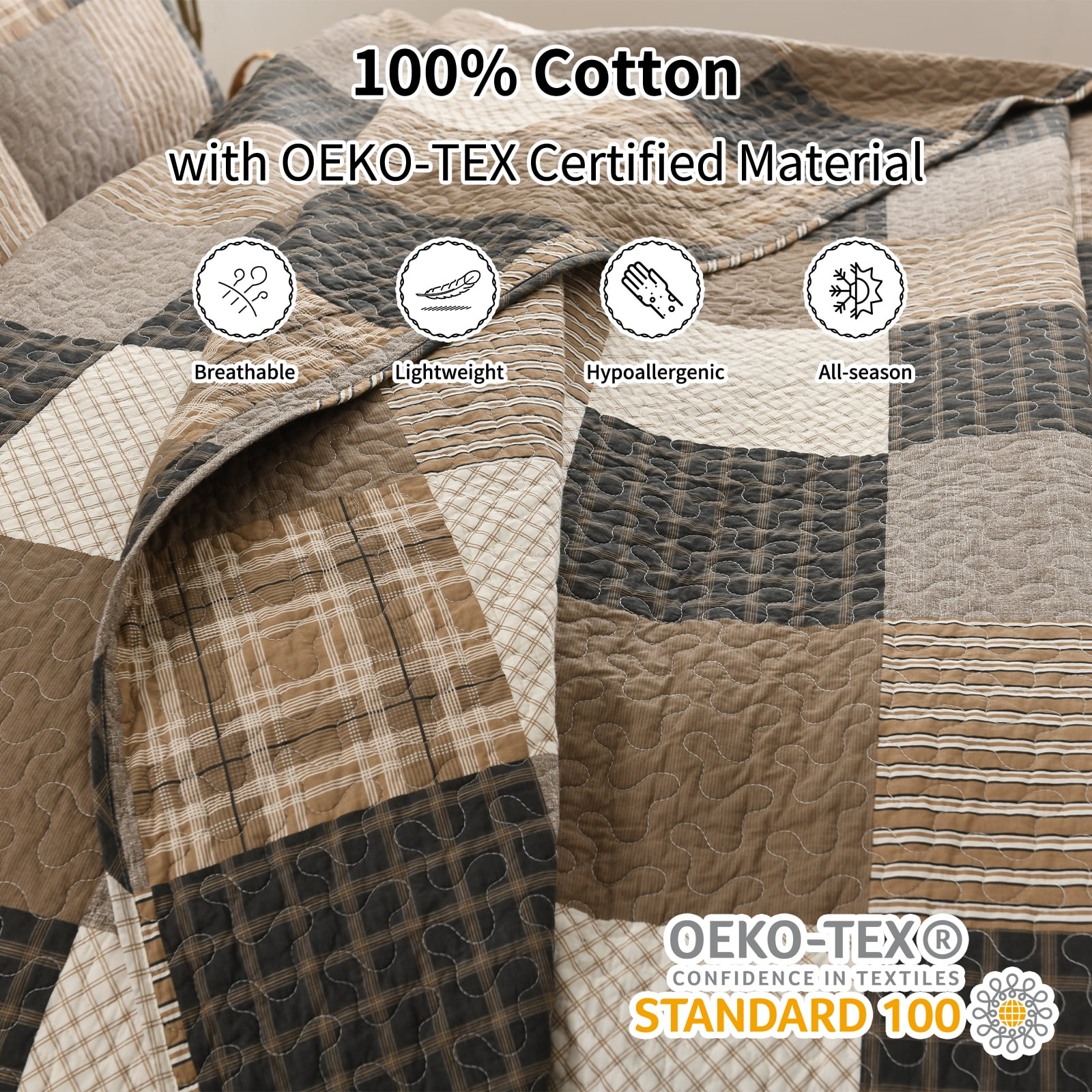 Bedduvit Farmhouse Plaid Queen Size Quilt - 100% Cotton Brown Gray Black Patchwork Quilts Bedspread for Queen Bed, Cabin Rustic Lightweight Reversible Quilt Set, All-Season 3-Piece Bedding Set, 98x90