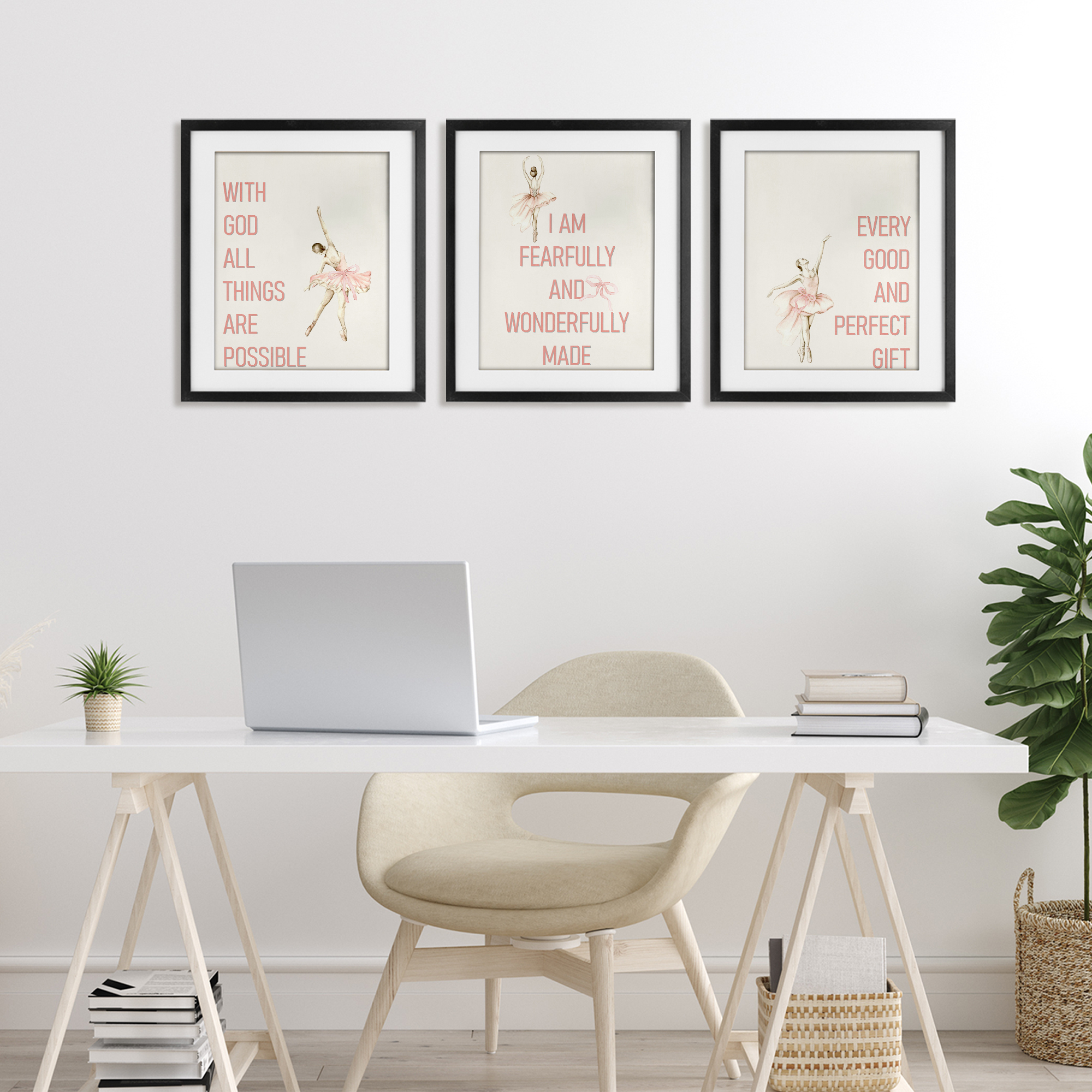 Faith Sentiments with Ballerinas 3 Piece Black Framed Print Under Glass Set, design by Kim Allen