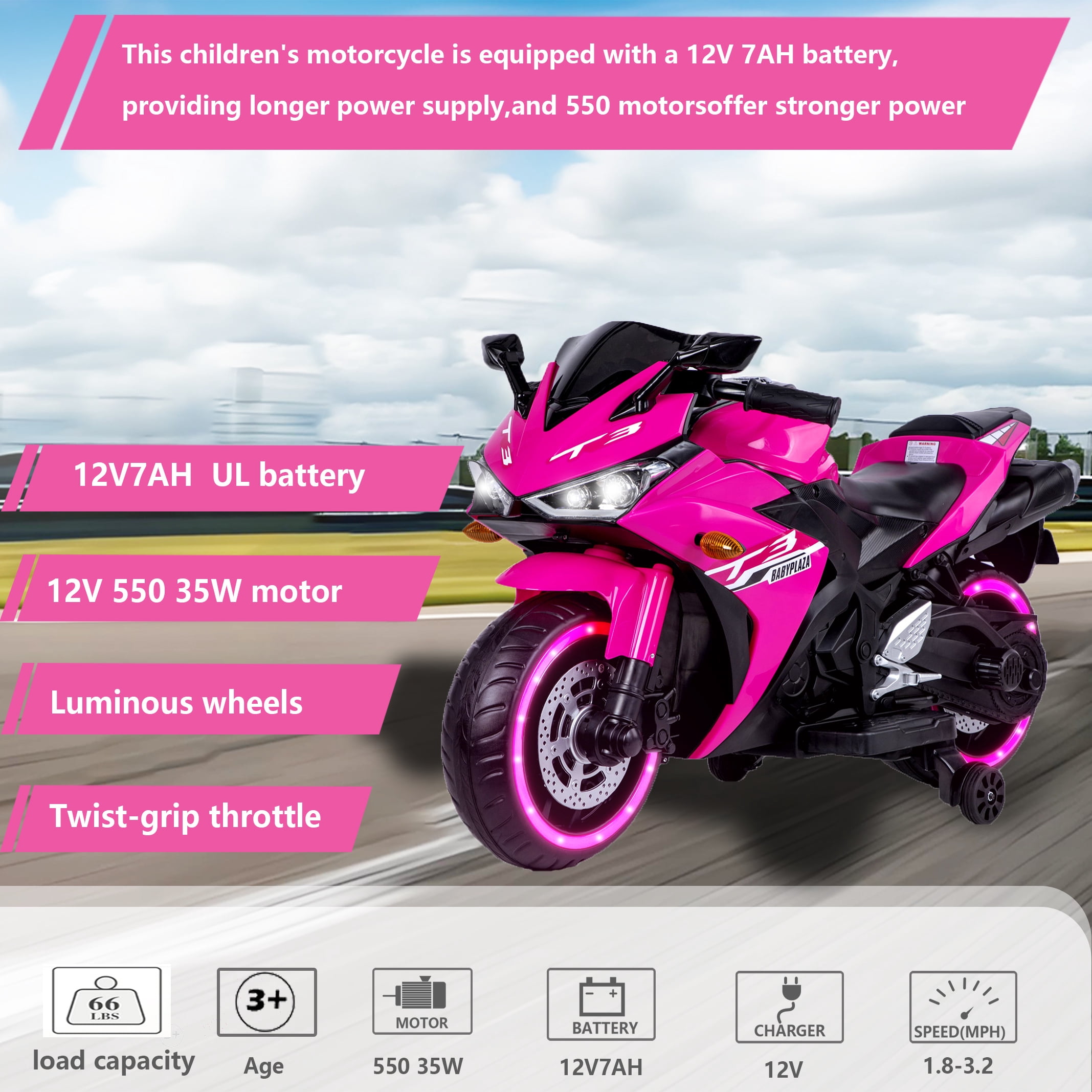 Motorcycle For Kids 3~6 Years Boys Girls Gift,  ride on toy with Training Wheels/manual throttle/ drive by hand /Lighting wheels