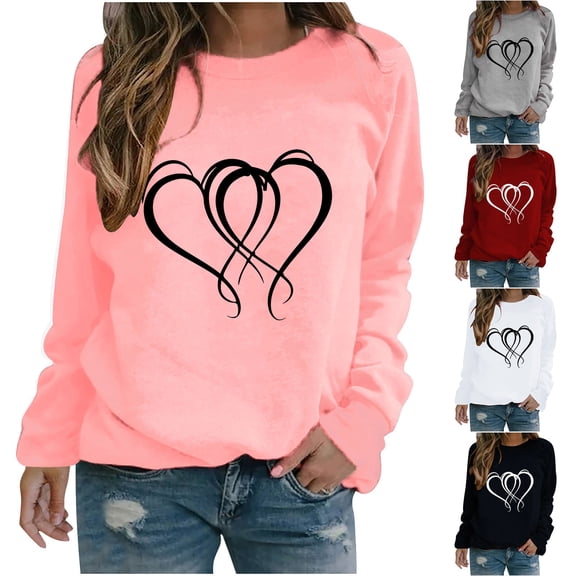 VKOYWKM Valentine Tops for Women Long Sleeve T-Shirts Love Heart Graphic Tees Crew Neck Loose Fit Holiday T-Shirts Valentines Day Gifts Tops