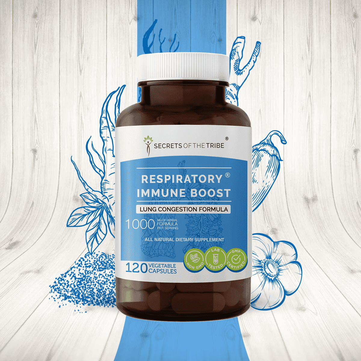 Secrets of the Tribe Respiratory Immune Boost Capsules Dietary Supplement, Natural Herb Blend, Made from Echinacea, Garlic, Marshmallow root, Ancho Pepper, Astragalus 120 Count