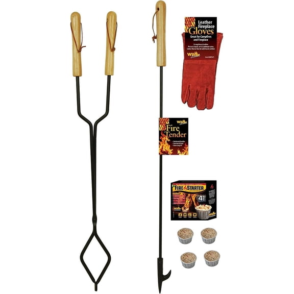 Fireplace Fire Pit Campfire Tool Gift Set – Firetender Tongs Poker Gloves and Firestarters