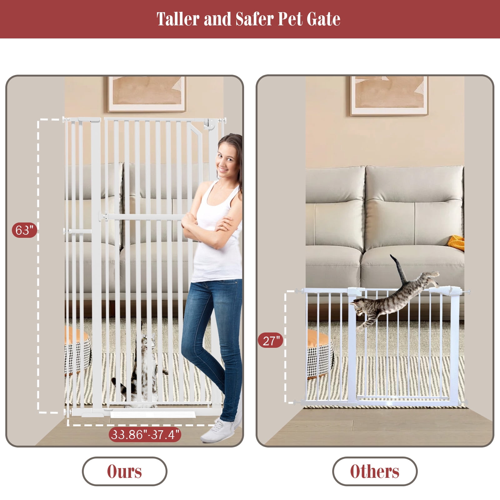 GLAF 63" Extra Tall Cat Gate - 30-37.8" Wide Extendable Cat Barrier for Doorway - Pressure Mounted Cat gate for Doorway - Auto Close Extra Tall Pet Gate - 63 inch Tall pet gate