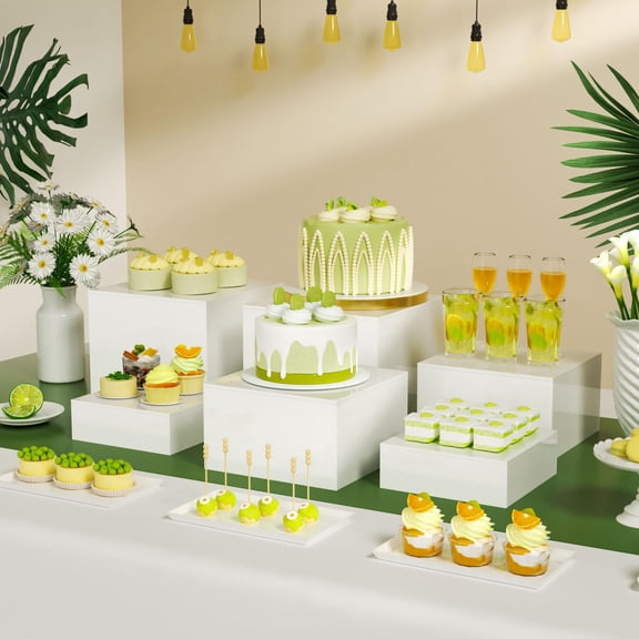 NIUBEE 3 Piece White Acrylic Buffet Risers, Food Risers for Buffet Table, Nesting Dessert Display Stands for Party Catering and Wedding Dessert Tables
