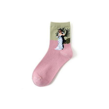 

STEADY Women Fashion Literature Paintings Casual Cotton Print Middle Stockings Socks Pink