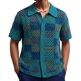 thumbnail image 2 of YueHuiYing Men's Striped Knit Short Sleeve Button-Down Shirt Crochet Hollow-Out Summer Beach Top Vintage Vacation Wear, 2 of 9
