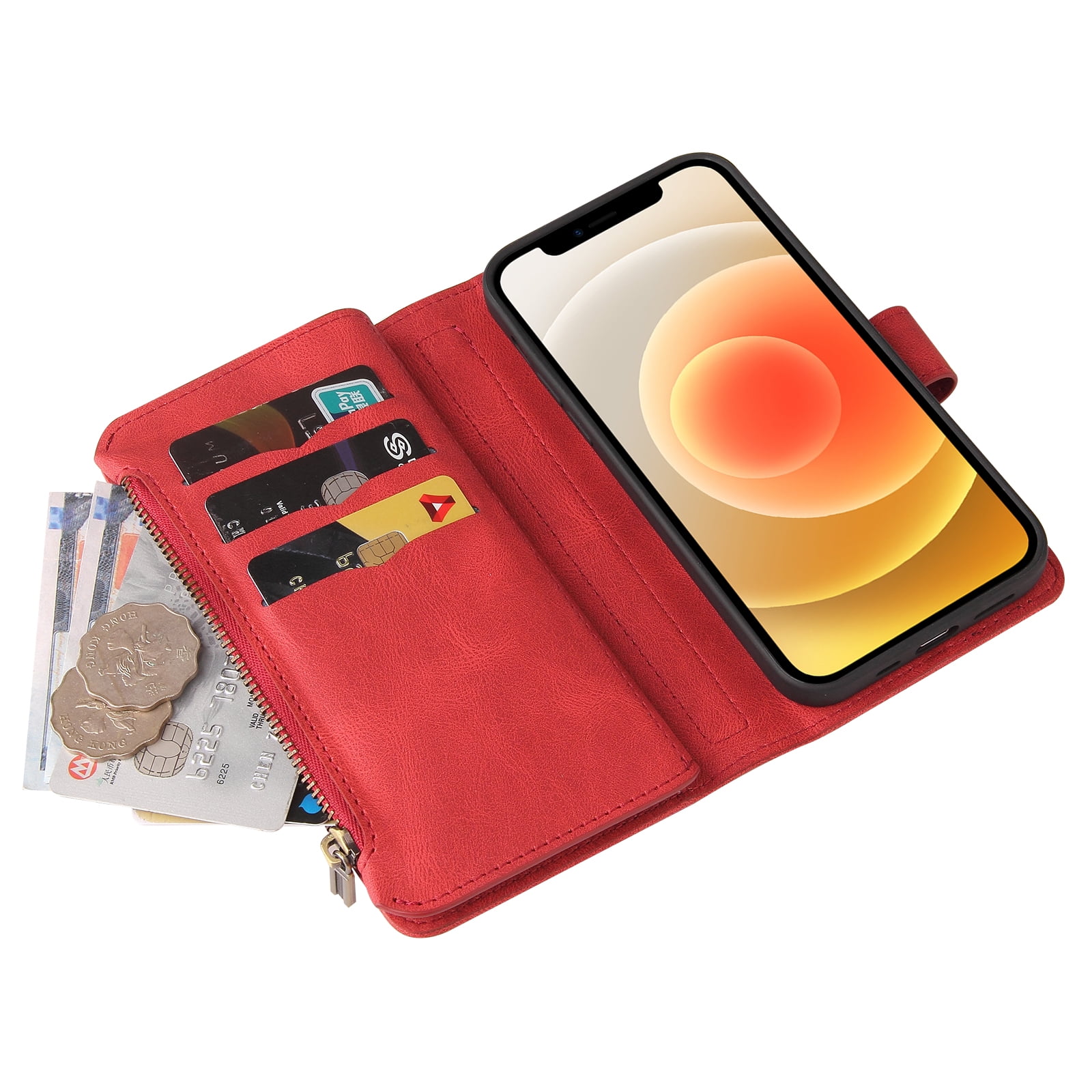 Wallet Case for iPhone 12 / 12 Pro, Magnetic Zipper Pouch Premium PU Leather with Kickstand Wallet Flip Shockproof Phone Case Wrist Strap Card Slots Holder Pocket iPhone 12 / 12 Pro,
Red
