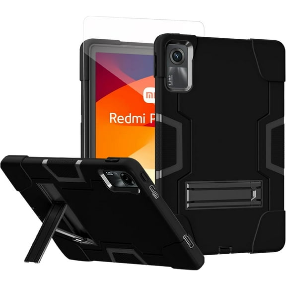 FIEWESEY case Cover for Xiaomi Redmi Pad SE 11 inch, Heavy Duty Shockproof Rugged Protective Case with Tempared Glass for Redmi Pad SE 11 2023 (Black/Black/1 Pcs)