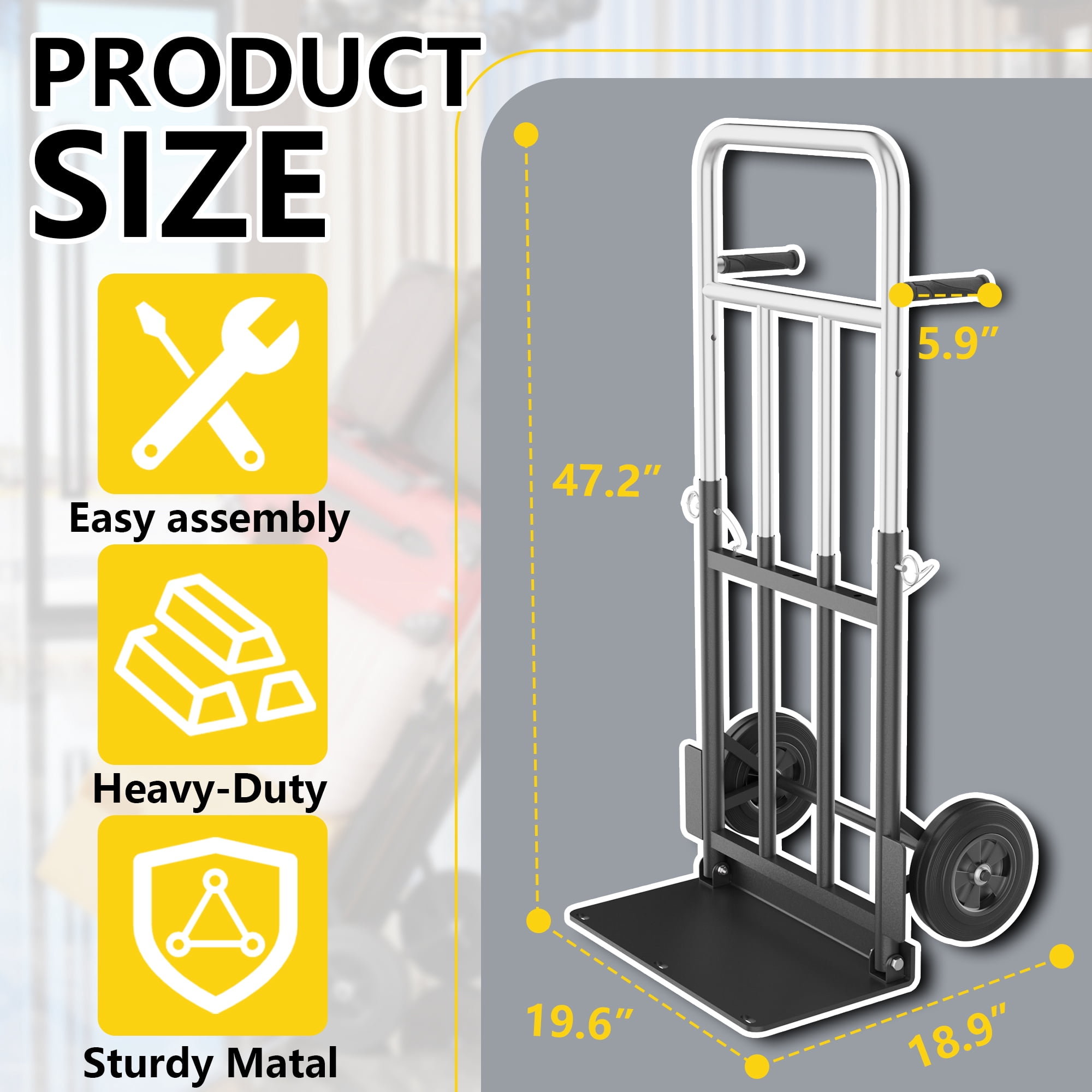Folding Hand Truck, 600 lb Capacity Heavy-Duty Convertible Dolly Cart with Telescopic Handle, Rubber Wheels & Bungee Cords for Warehouse, Home & Office