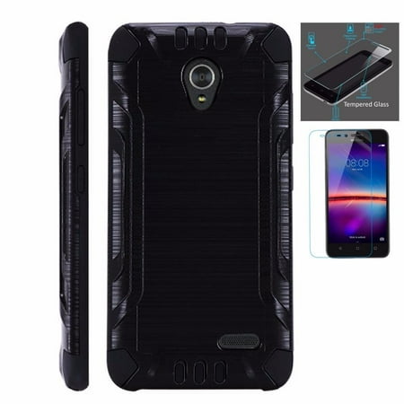 For Cricket Wave Case | Freetel Wave + Tempered Glass Dual Layer Brushed Texture Hybrid Combat Phone Cover