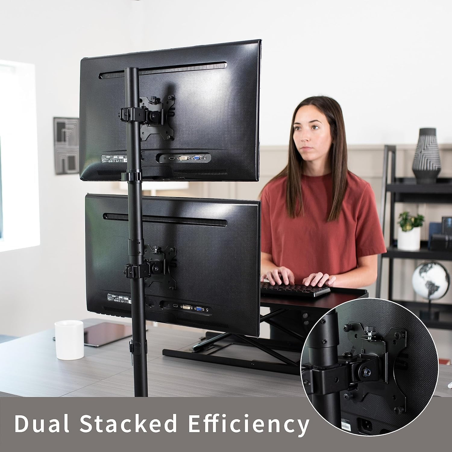 Dual Vertically Stacked Monitor Desk Mount,  Tall Adjustable Stand for 2 Ultrawides  to 34 inches, 22 lbs Capacity, Black, STAND-V002T